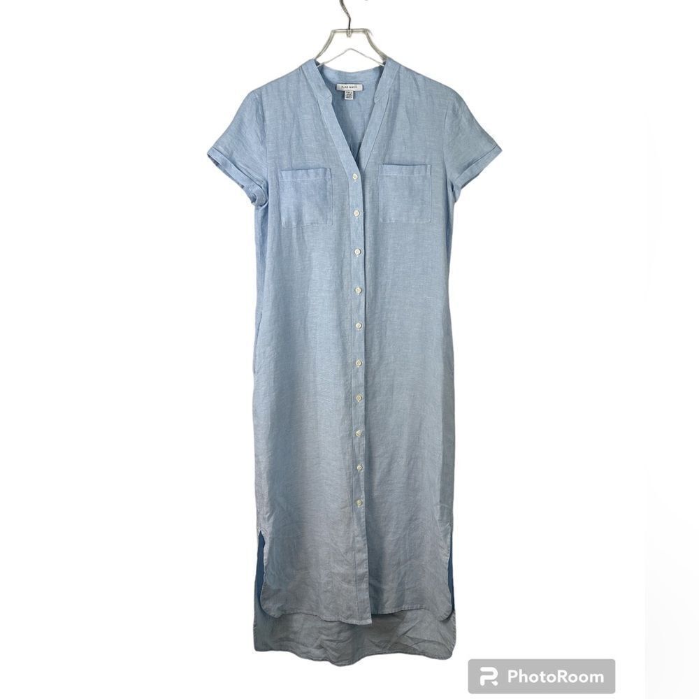 PURE NAVY Pocket Detail 100% Linen Chambray Button Front Shirt Midi Dress - Picture 2 of 9